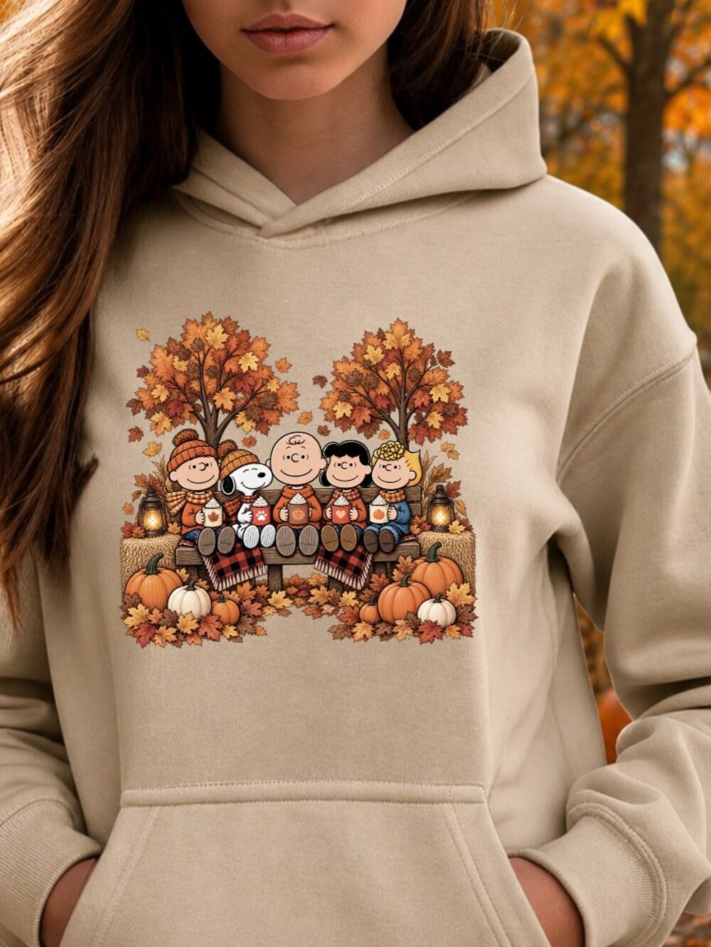 Peanuts Fall HOODIE Graphic Sweatshirt Adult Autumn Leaves Pumpkin Cozy Season